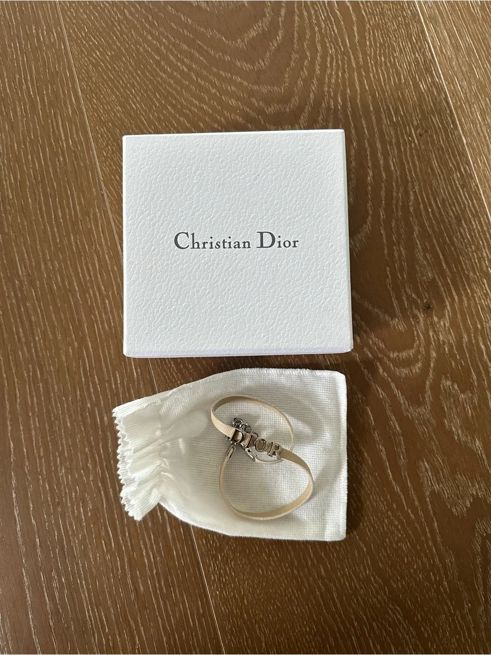Dior Beige Leather Double Wrap Bracelet / Choker with Silver Logo